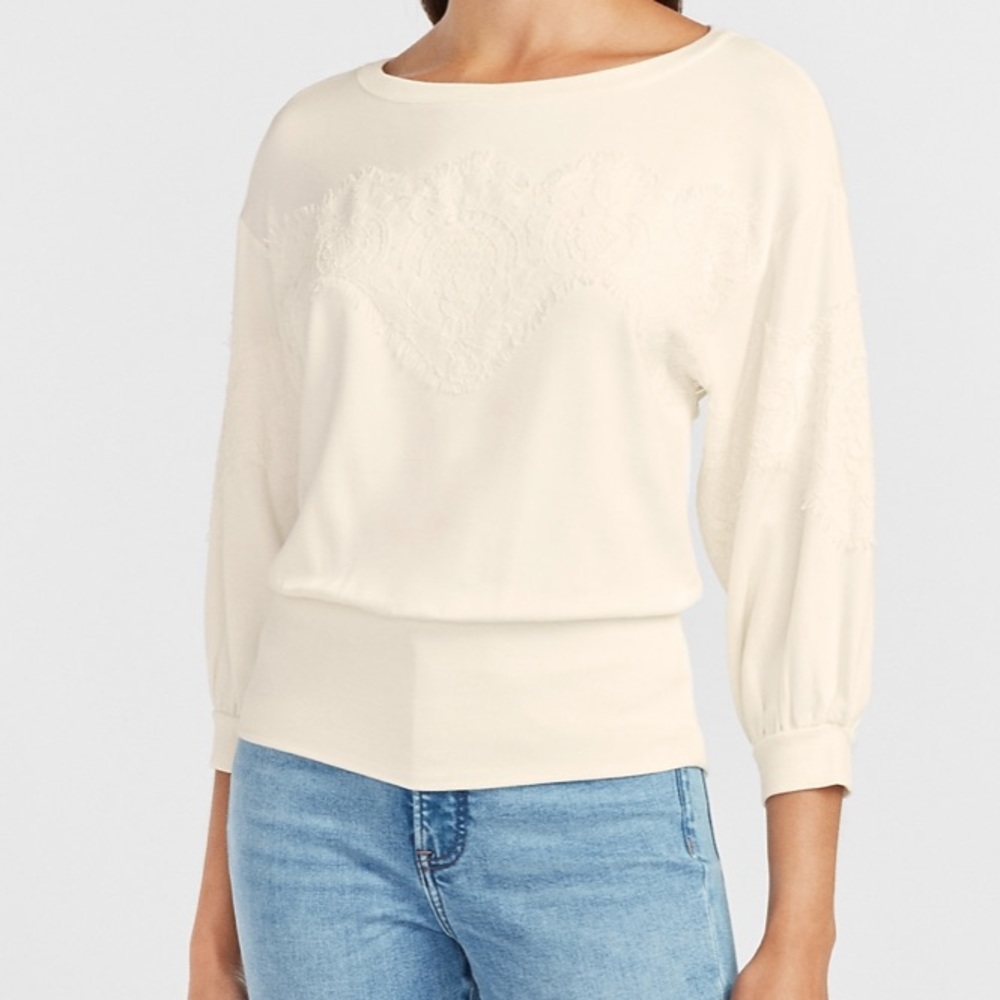 Express size small lace inset sweater with banded bottom